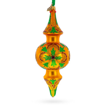 Golden Holly & Ivy Glitter Double-Ended Finial Drop Glass Christmas Ornament