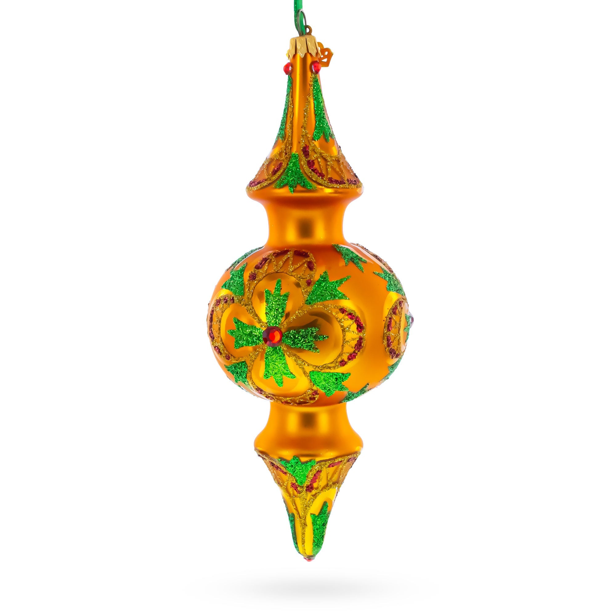 Golden Holly & Ivy Glitter Double-Ended Finial Drop Glass Christmas Ornament