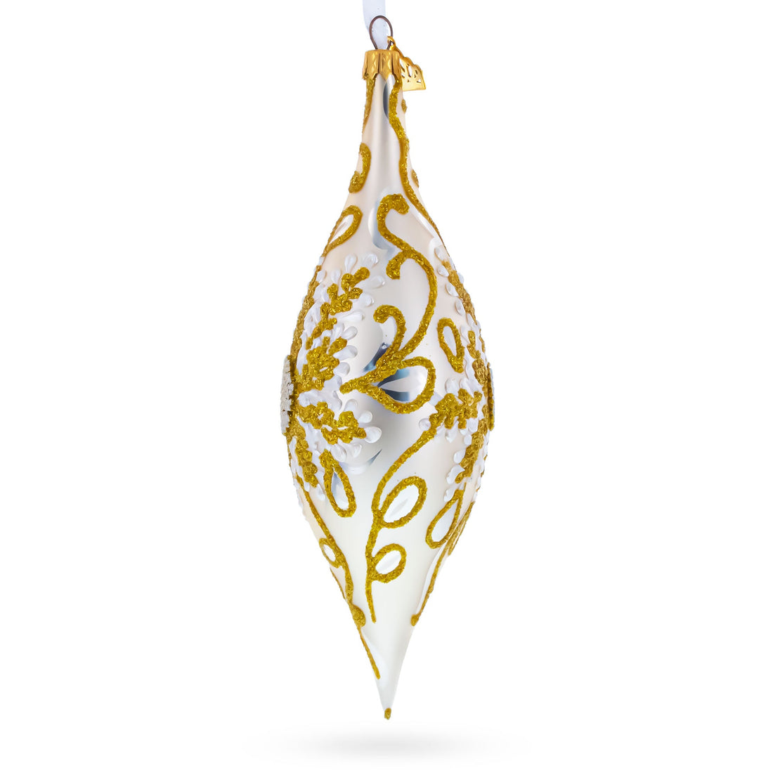 Ivory & Gold Pearl Embossed Elongated Pointed Teardrop Finial Glass Christmas Ornament
