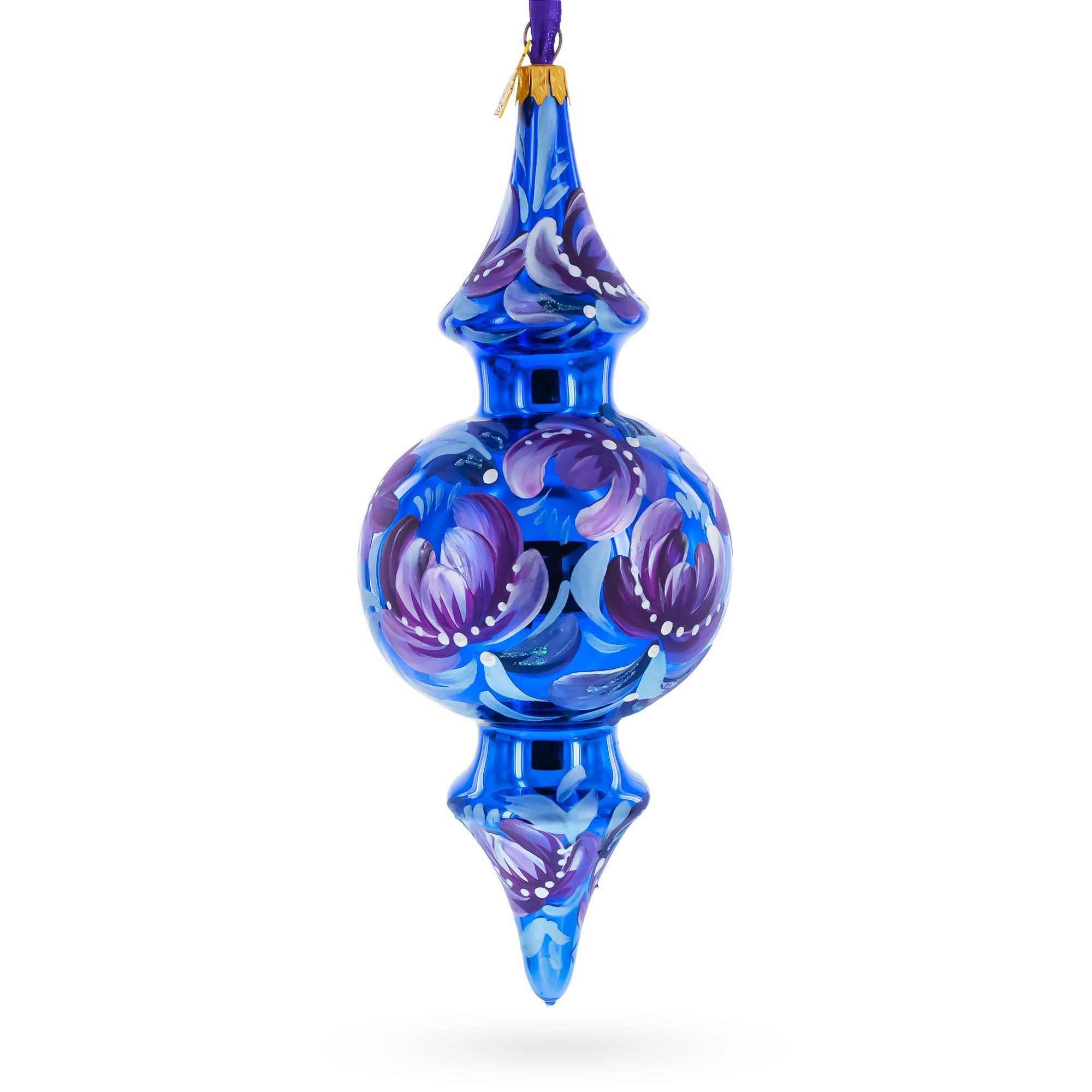 Cobalt Blue Floral Double-Ended Finial Drop Glass Christmas Ornament