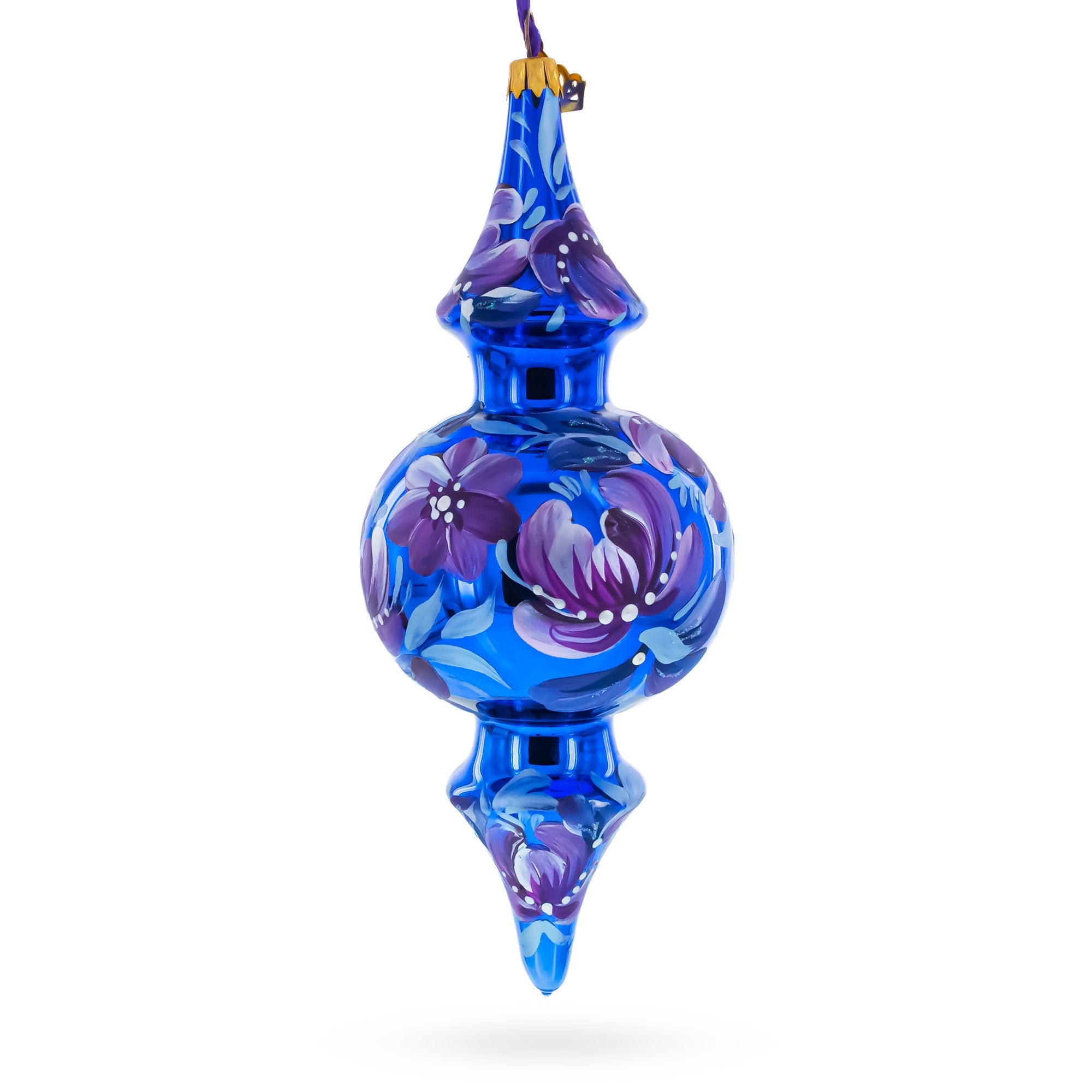 Cobalt Blue Floral Double-Ended Finial Drop Glass Christmas Ornament