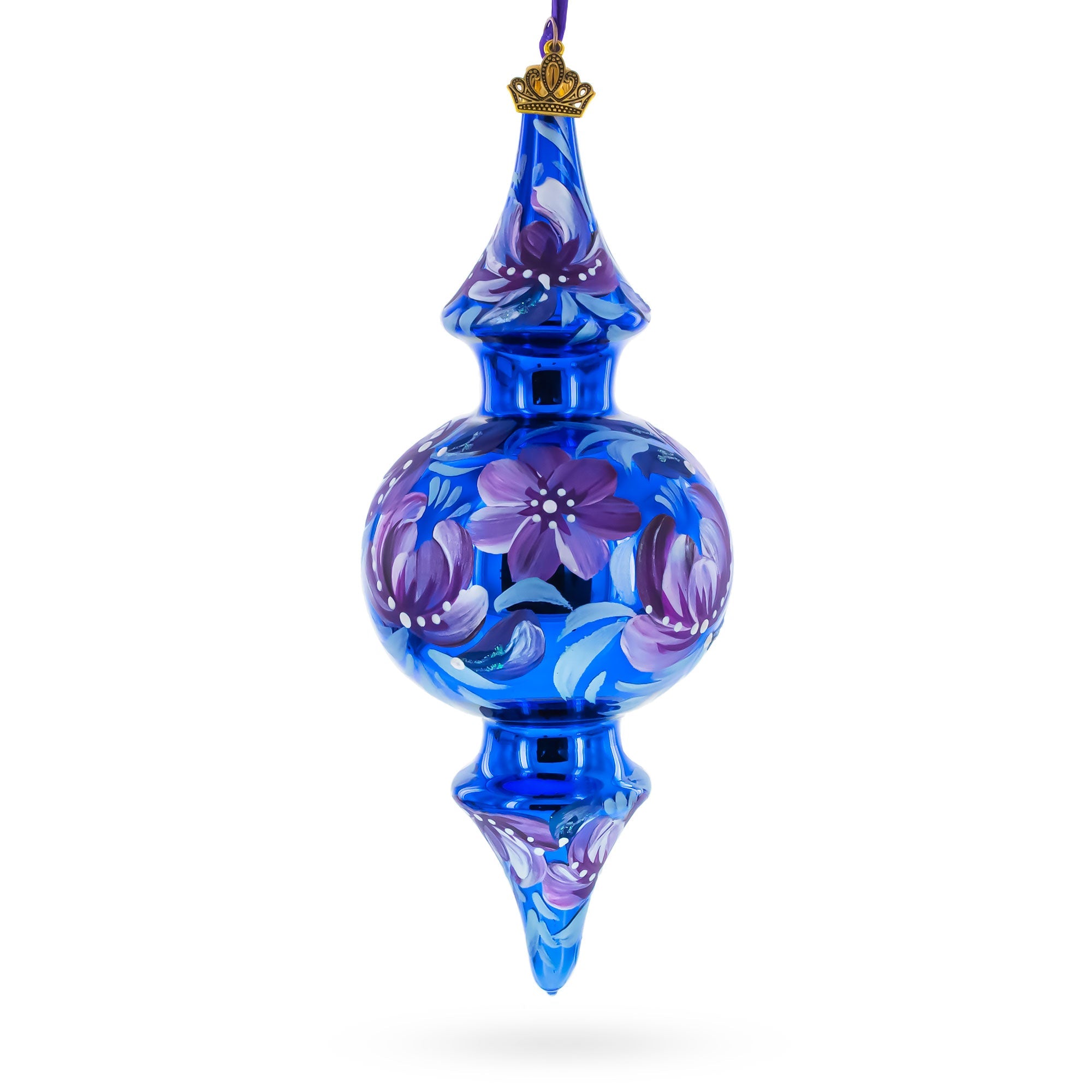 Cobalt Blue Floral Double-Ended Finial Drop Glass Christmas Ornament