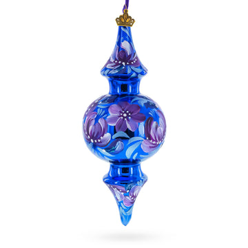 Cobalt Blue Floral Double-Ended Finial Drop Glass Christmas Ornament