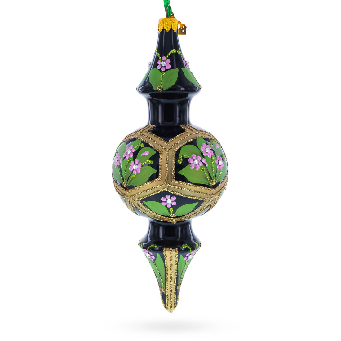 Black & Gold Floral Medallion Double-Ended Finial Drop Glass Christmas Ornament