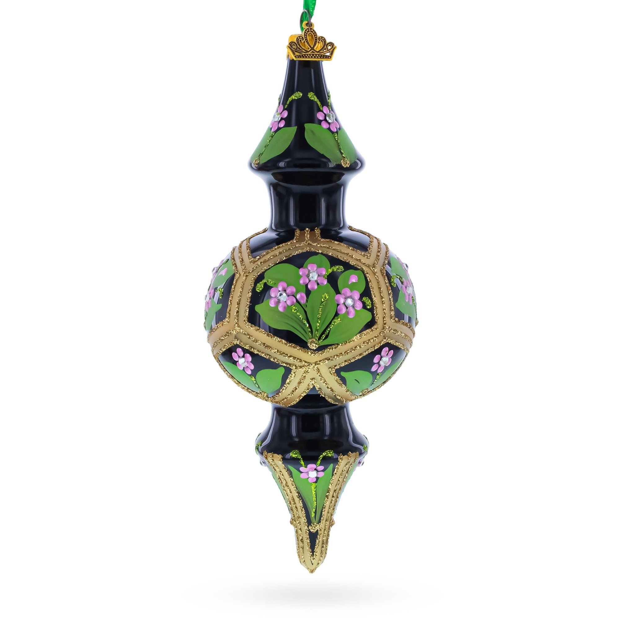 Black & Gold Floral Medallion Double-Ended Finial Drop Glass Christmas Ornament