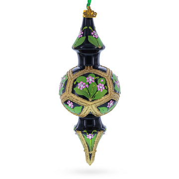Black & Gold Floral Medallion Double-Ended Finial Drop Glass Christmas Ornament
