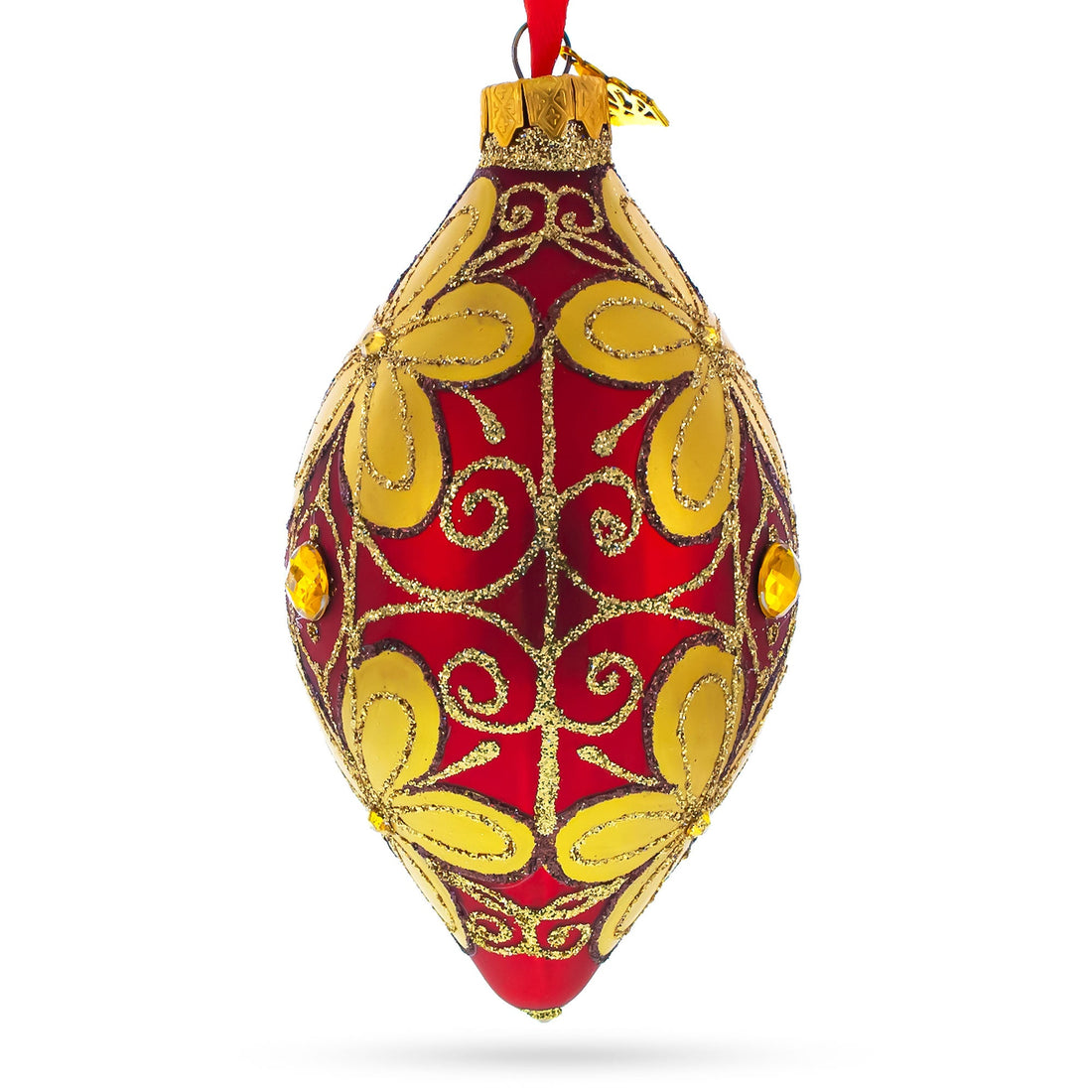 Golden Flowers Pointed Teardrop Finial Glass Christmas Ornament