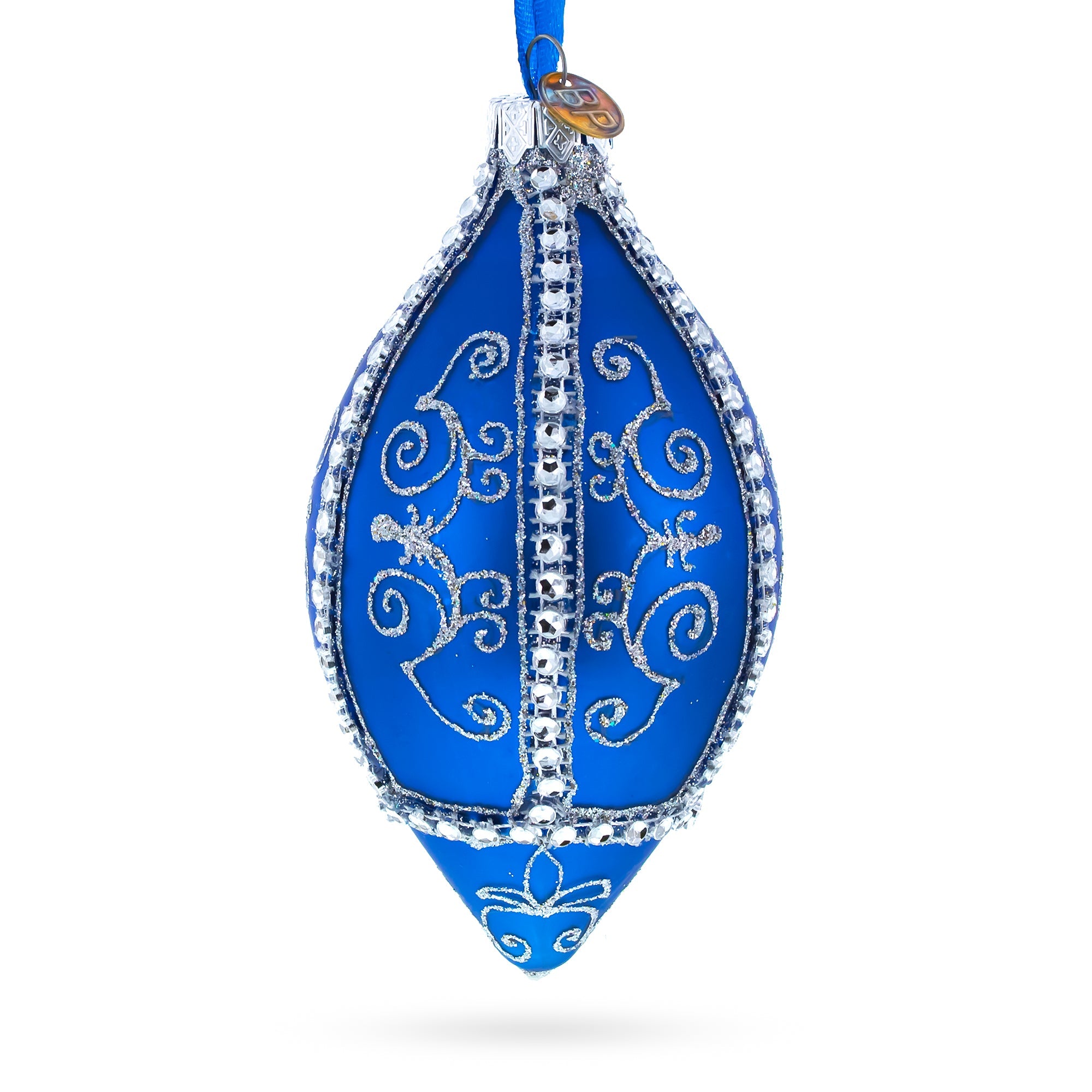 Jeweled Pattern on Blue Pointed Teardrop Finial Glass Christmas Ornament