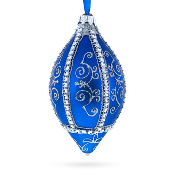 Jeweled Pattern on Blue Pointed Teardrop Finial Glass Christmas Ornament