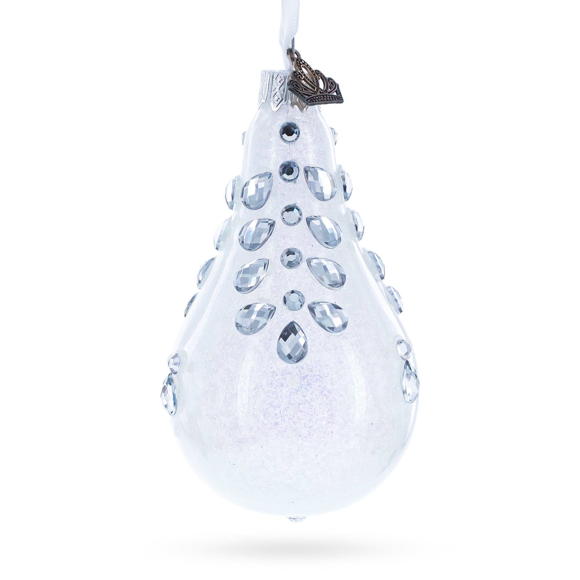 Diamonds on Clear Waterdrop Finial Glass Christmas Ornament