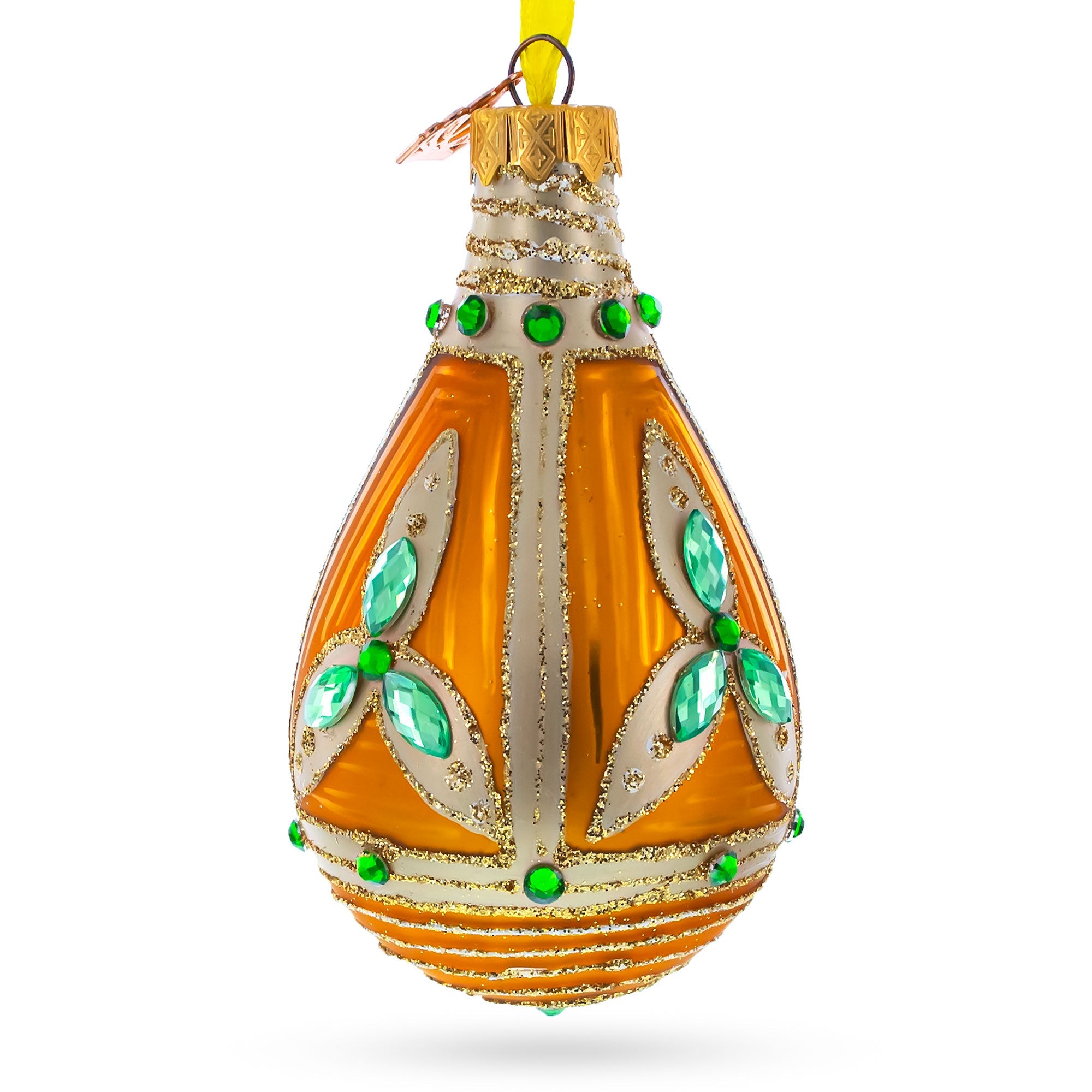 Turquoise Jewels on Striped Gold Glass Waterdrop Finial Christmas Ornament