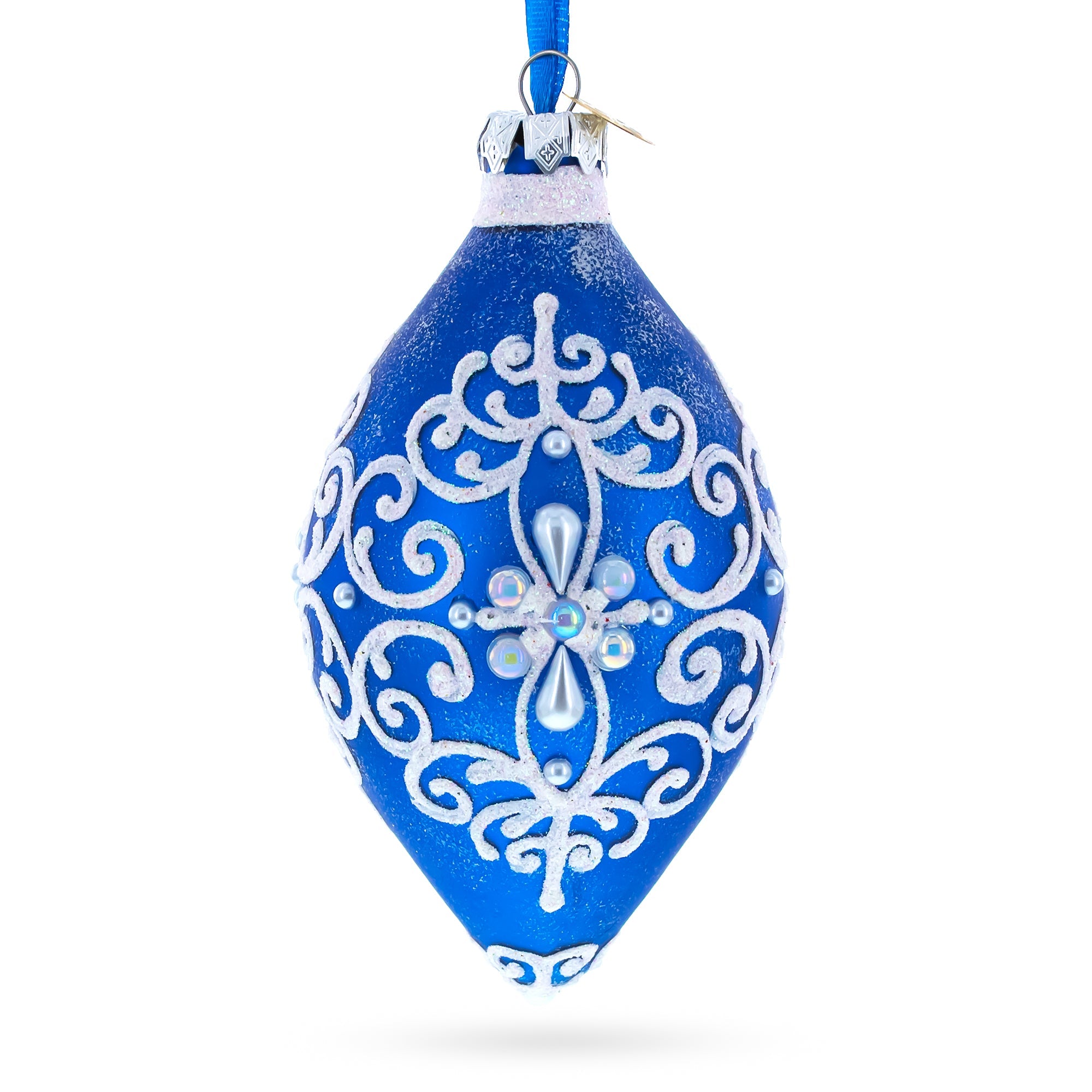 Blue Jeweled Scroll Pointed Teardrop Finial Glass Christmas Ornament