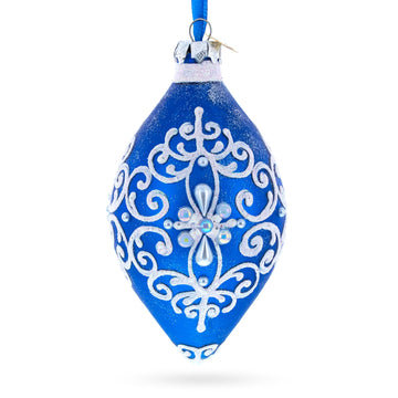 Blue Jeweled Scroll Pointed Teardrop Finial Glass Christmas Ornament
