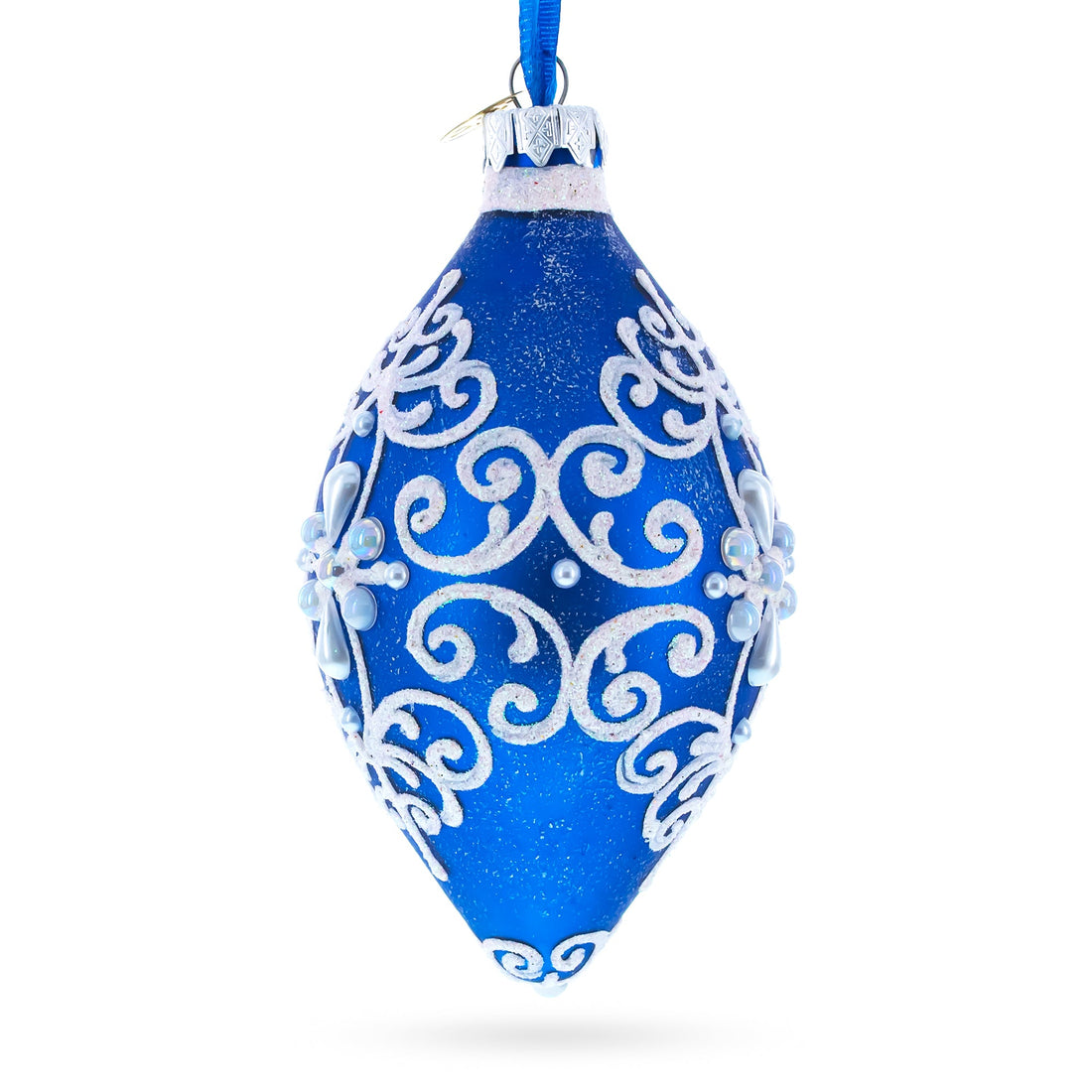 Blue Jeweled Scroll Pointed Teardrop Finial Glass Christmas Ornament