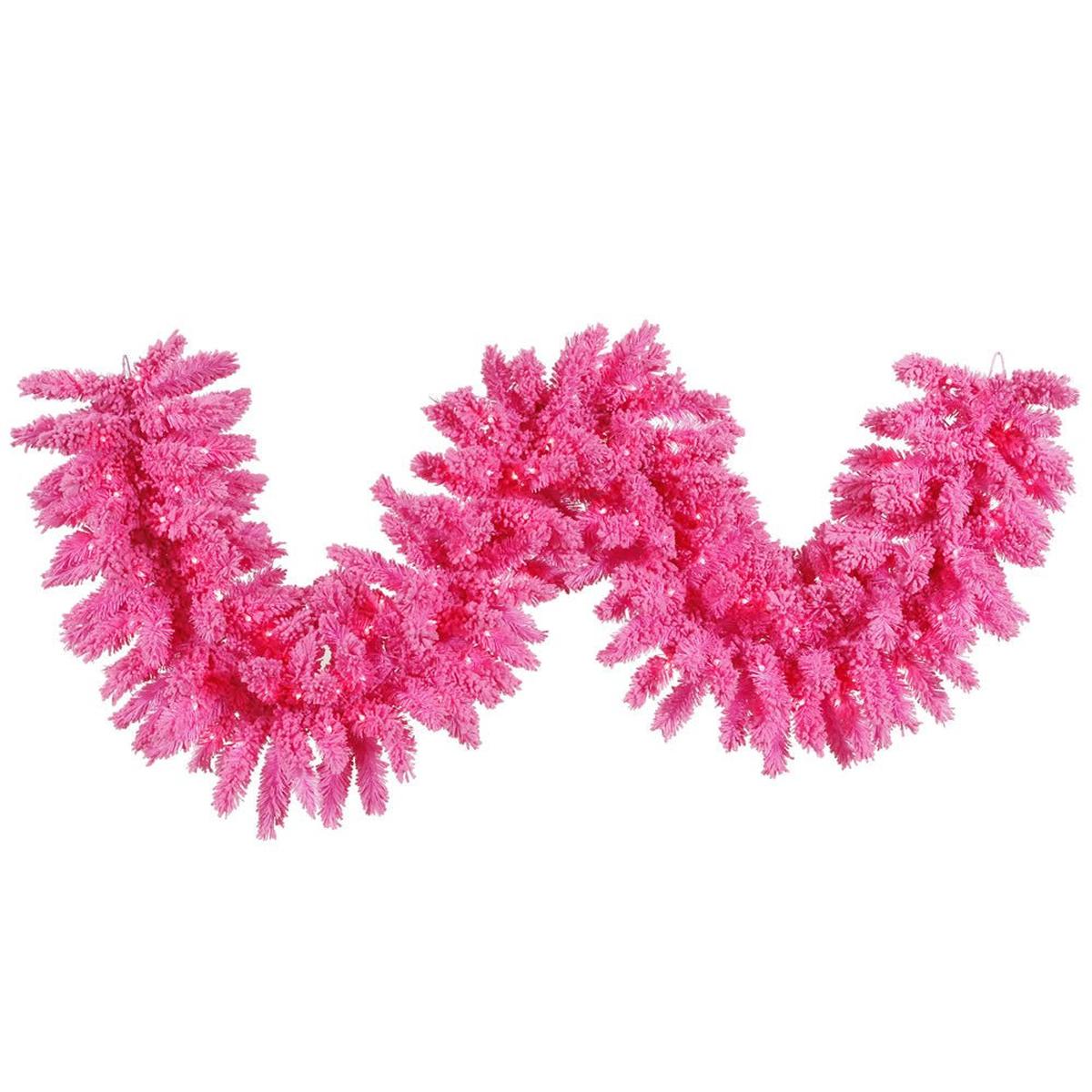 9' Flocked Pink Garland with 100 LED Pink Lights