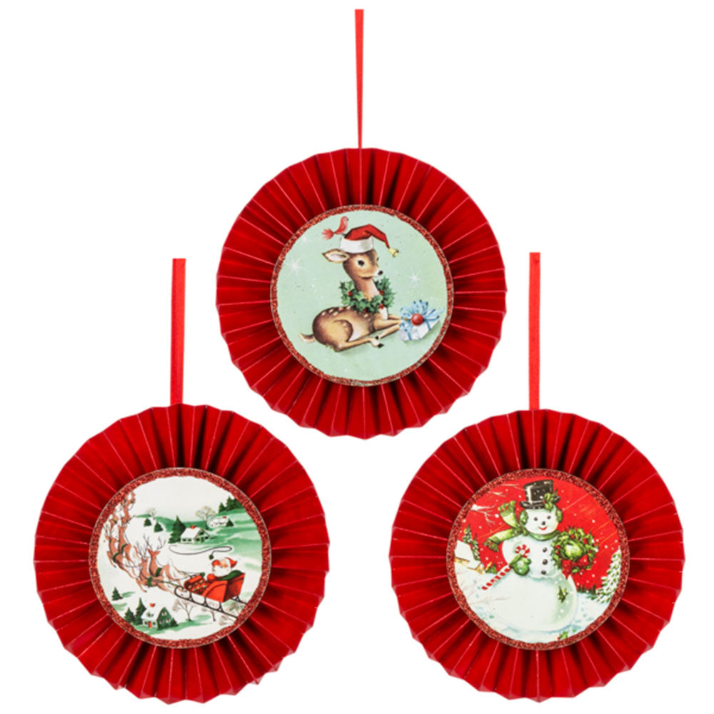 Vintage Holiday Disk Ornaments Set of 3